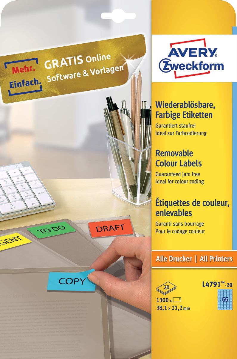 Etiquette laser avery 38 - 1x21 - 2mm 20 feuilles 65 étiquettes par feuille bleu