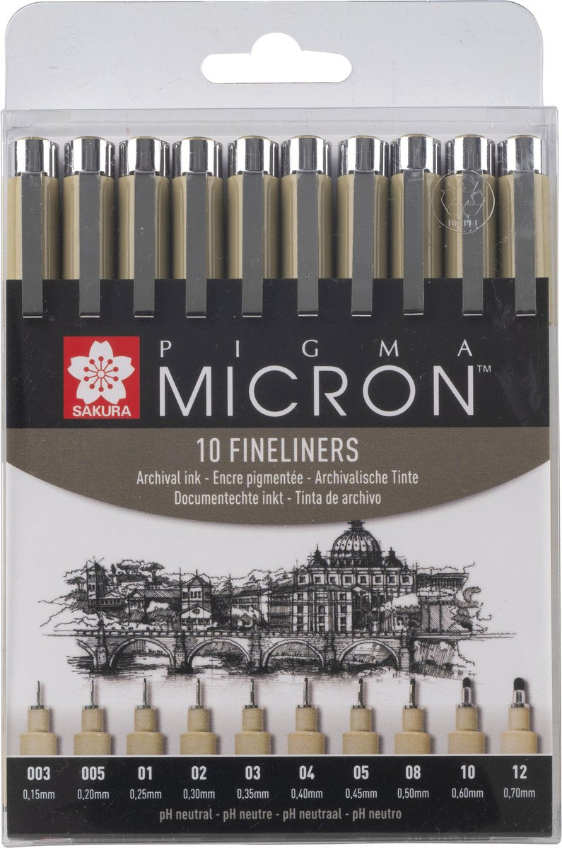Trousse à crayons fineliner Sakura pigma micron - 10 fineliners - noir
