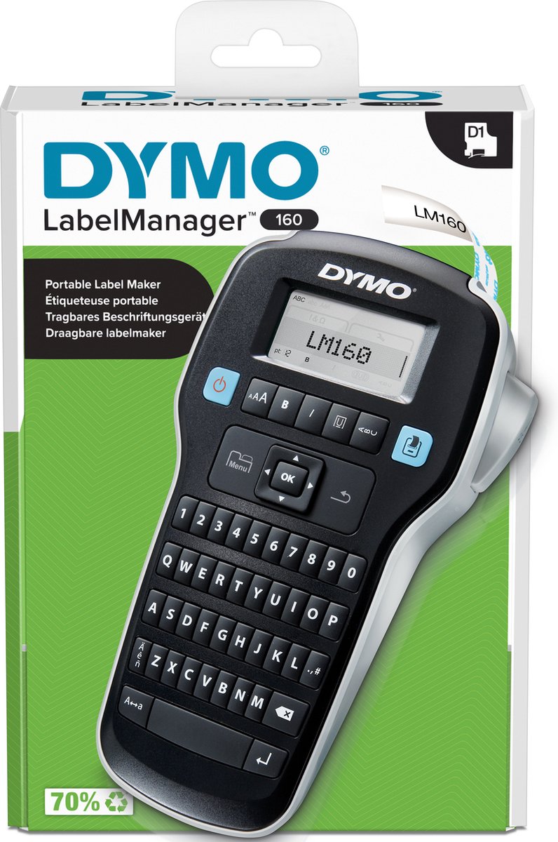 Dymo label manager 160 étiqueteuse | imprimante d'étiquettes portable avec clavier qwerty | y compris des étiquettes d1 noires et blanches (12 mm) | pour la maison et le bureau