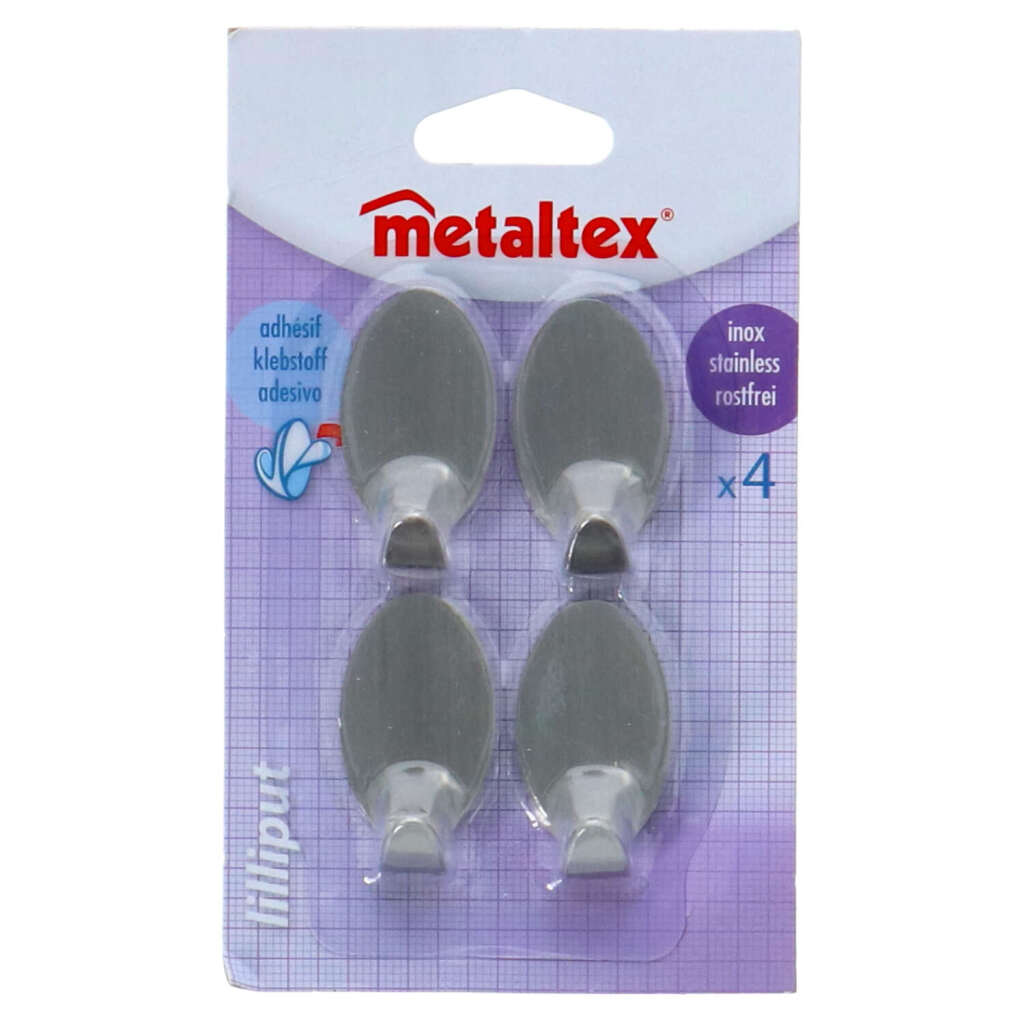 Crochets adhésifs ovales Metaltex petits, 4 pièces en acier inoxydable