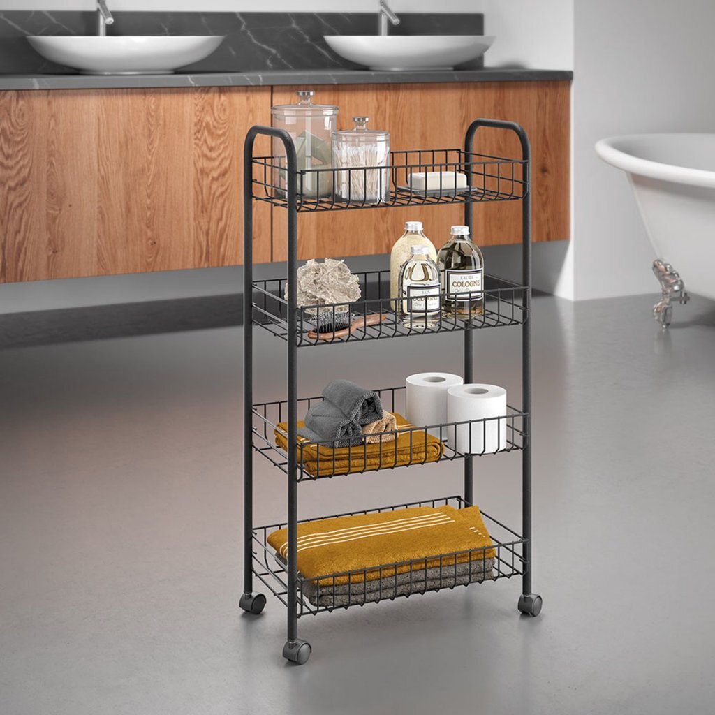 Metaltex chariot ascona à roulettes + 4 paniers 41x23x84 cm métal noir mat