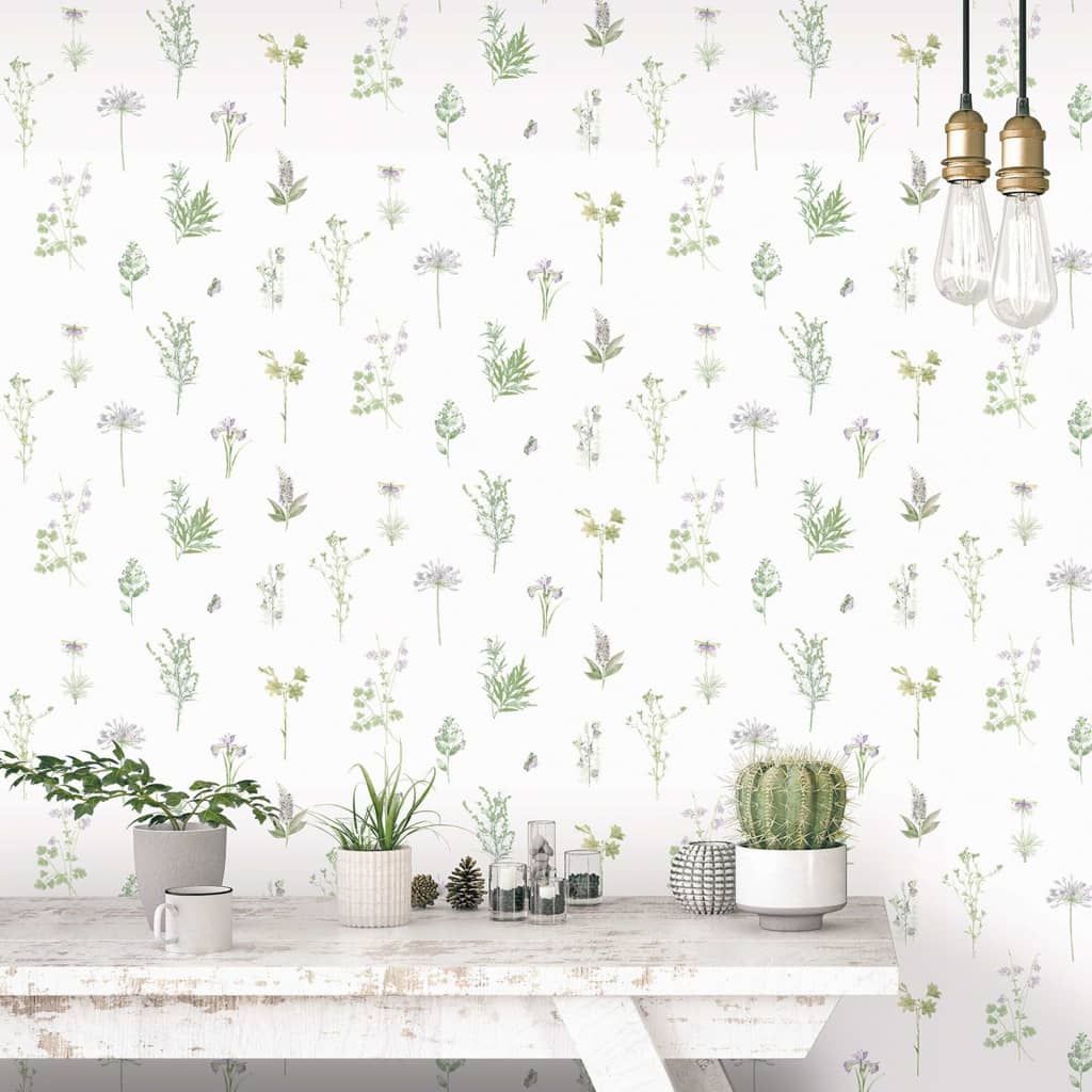 NOORDWAND Fond d'écran d'herbes et de fleurs à feuilles persistantes blanches
