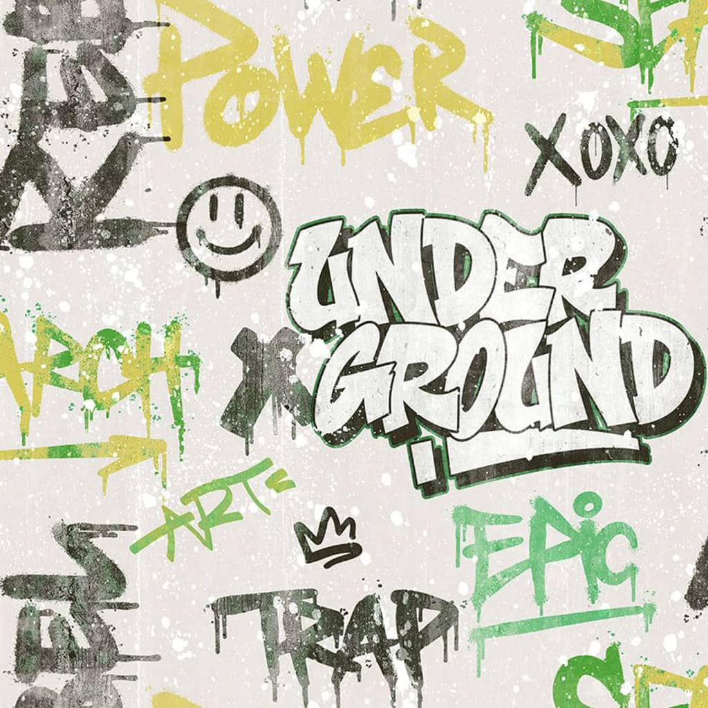 North Wall Wallpaper Friends Coffee Graffity Print Gris et vert