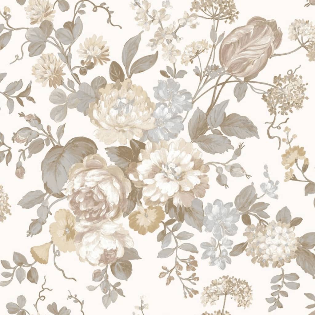 North Wall Wallpaper Blooming Garden 6 Big Flowers Beige et Bleu