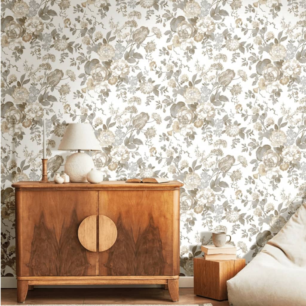 North Wall Wallpaper Blooming Garden 6 Big Flowers Beige et Bleu