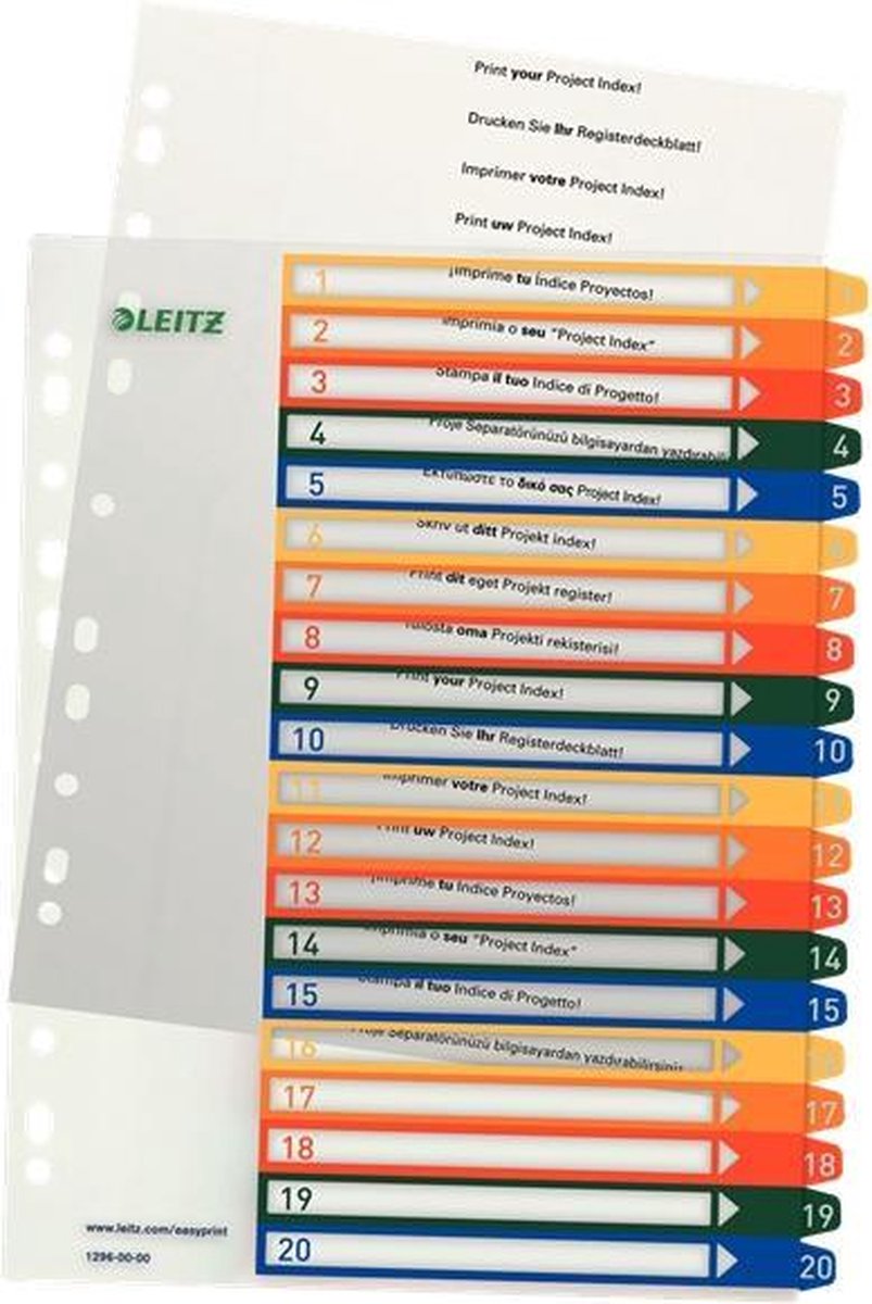 Leitz 1296 registre din a4 1-20 polypropylène plusieurs couleurs 20 onglets extra larges, inscriptible sur PC 12960000