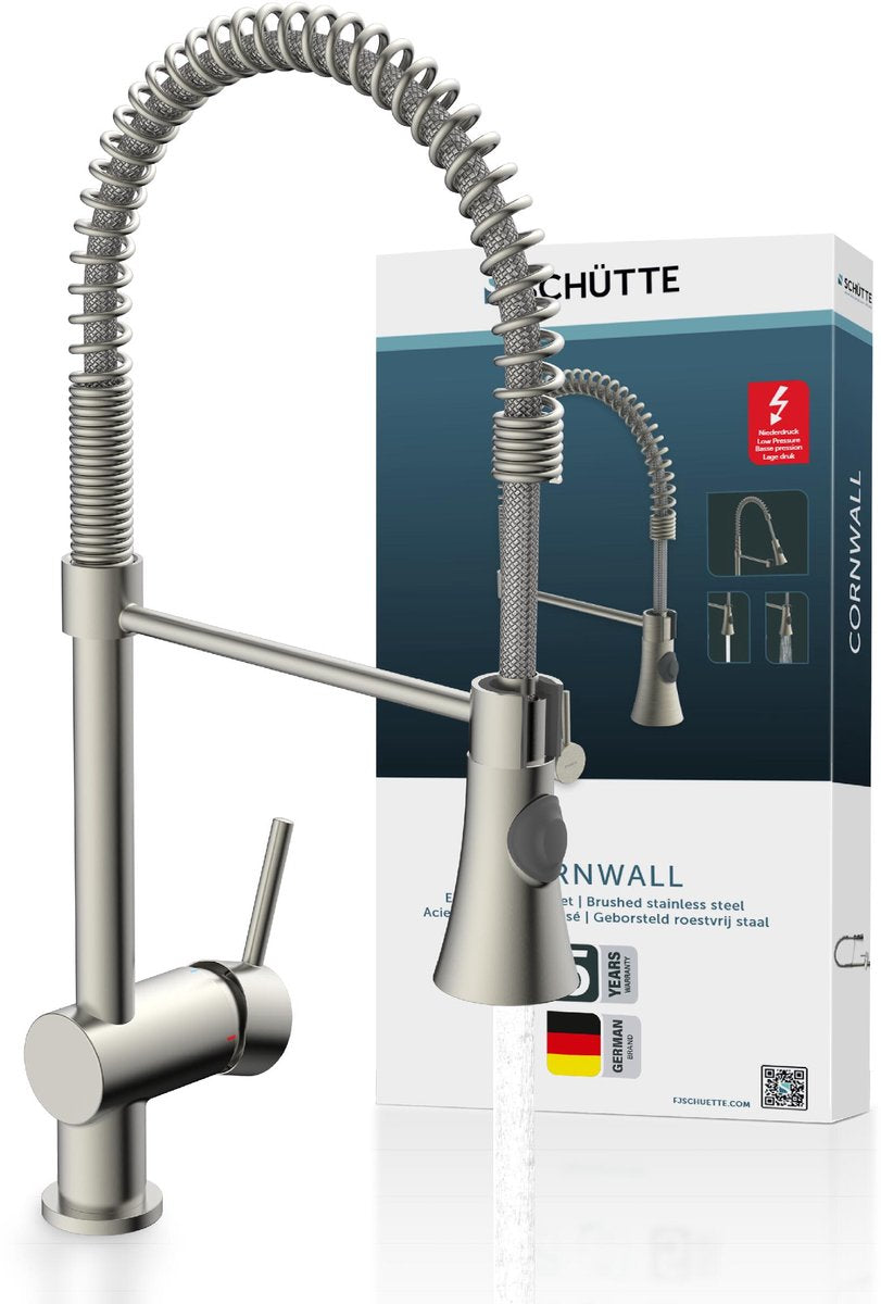 Robinet de cuisine design Schütte Cornwall pour chauffe-eau avec bec libre - basse pression - mitigeur - bec pivotant avec ressort en spirale - aspect acier inoxydable