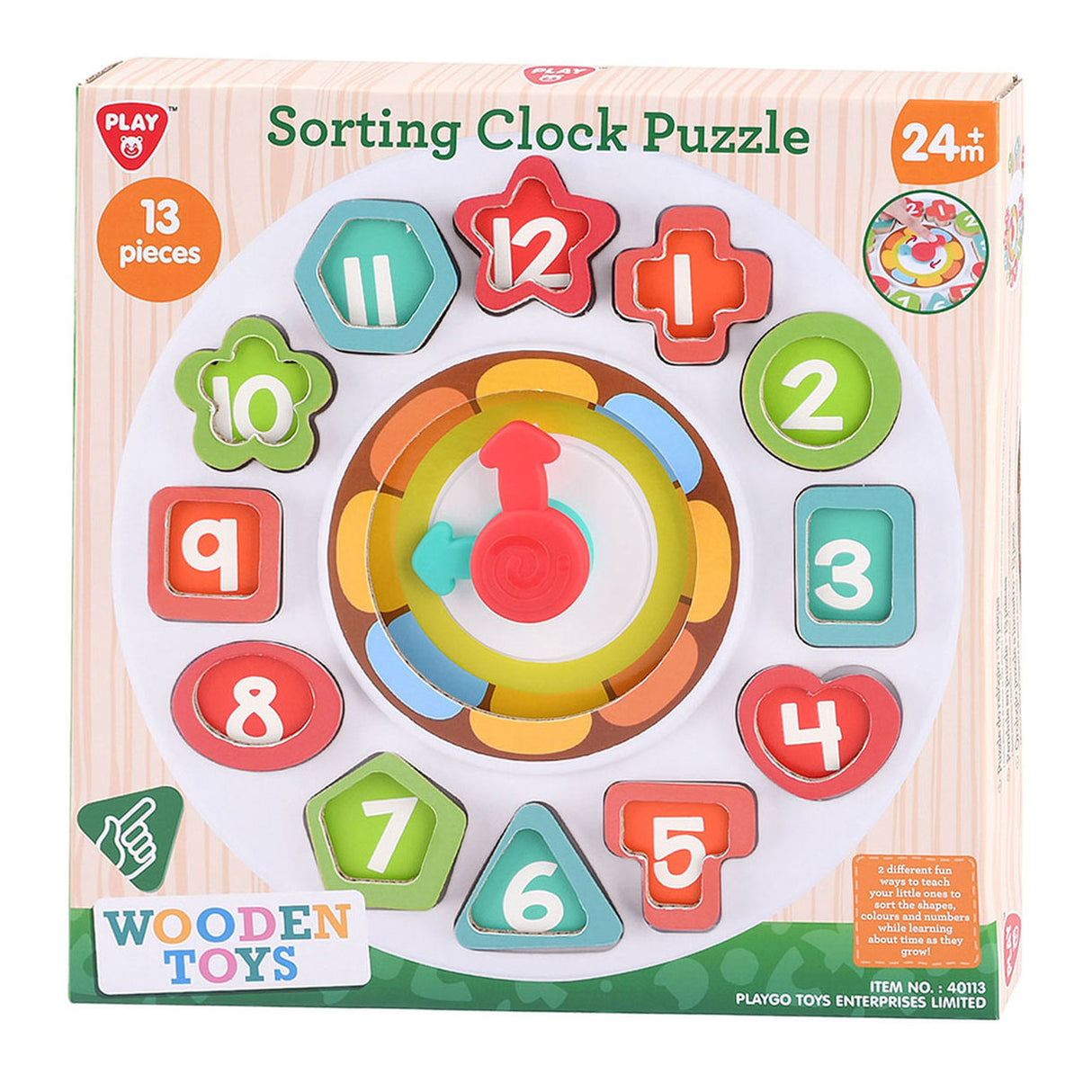 Formes de tri en bois Playgo - et horloge d'apprentissage - 13 pcs.