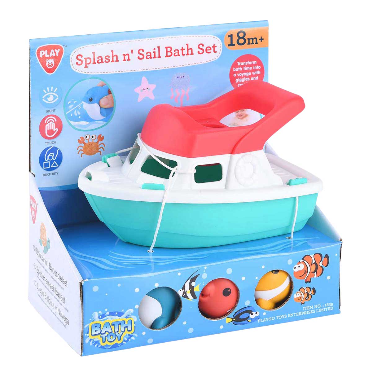 Bateau jouet de bain Playgo avec figurines de seringues pour un jeu sensoriel.