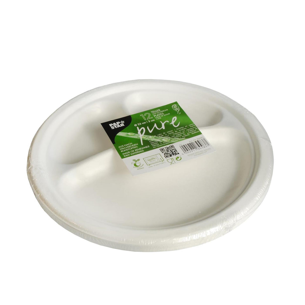 Papstar 12 assiettes canne à sucre pure 3 compartiments ø23cm