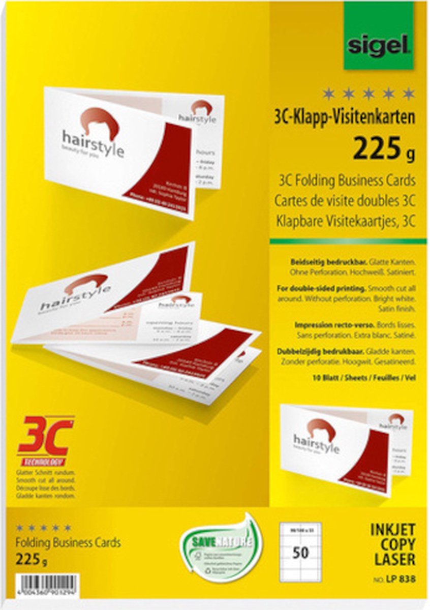 Sigel - cartes de visite - blanc - 180x55mm - 225 grammes - 50 pièces - si-lp838