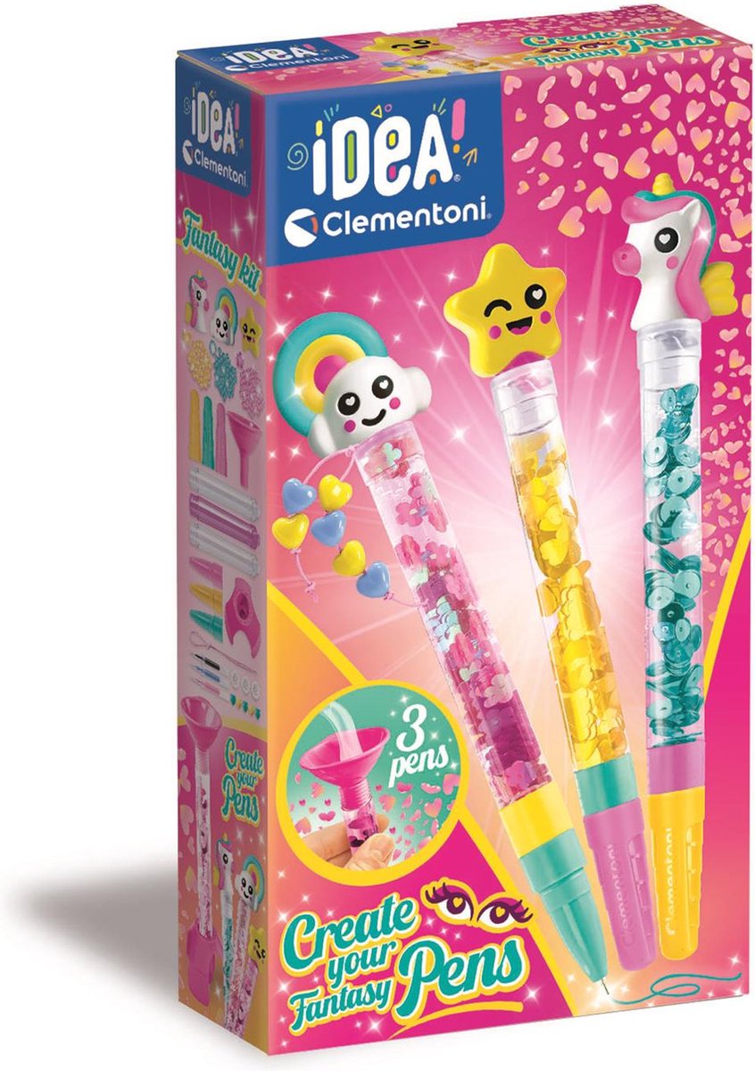 Idée Clementoni - stylos à paillettes - paquet de bricolage rempli d'accessoires - le cadeau créatif - fabriquer des stylos à paillettes - à partir de 6 ans