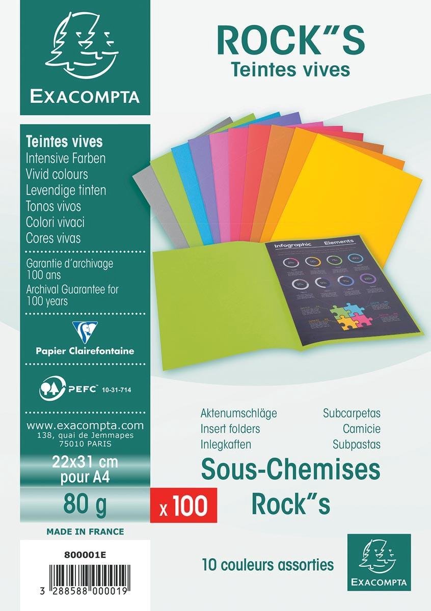 Exacompta rock''s 80 - paquet de 100 chemises à insert 22x31cm pour A4 - assortis - 800001e