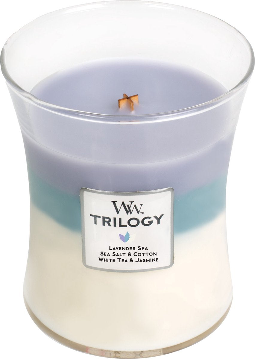 Bougie parfumée moyenne Woodwick Hourglass Trilogy - Retraite apaisante - 60 heures de combustion