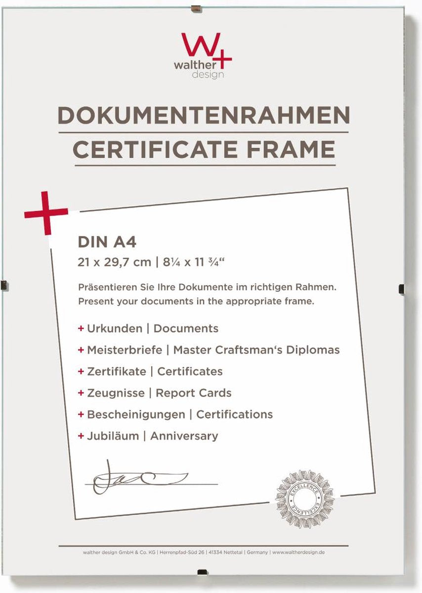 Porte-tableau photo sans cadre Walther (cadre à clip) - taille du cadre 21x29,7 cm (din A4) - verre antireflet