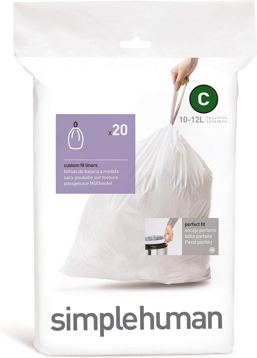 Sacs poubelle Simplehuman code c - 12 litres - 20 pièces - avec cordon de serrage - blanc