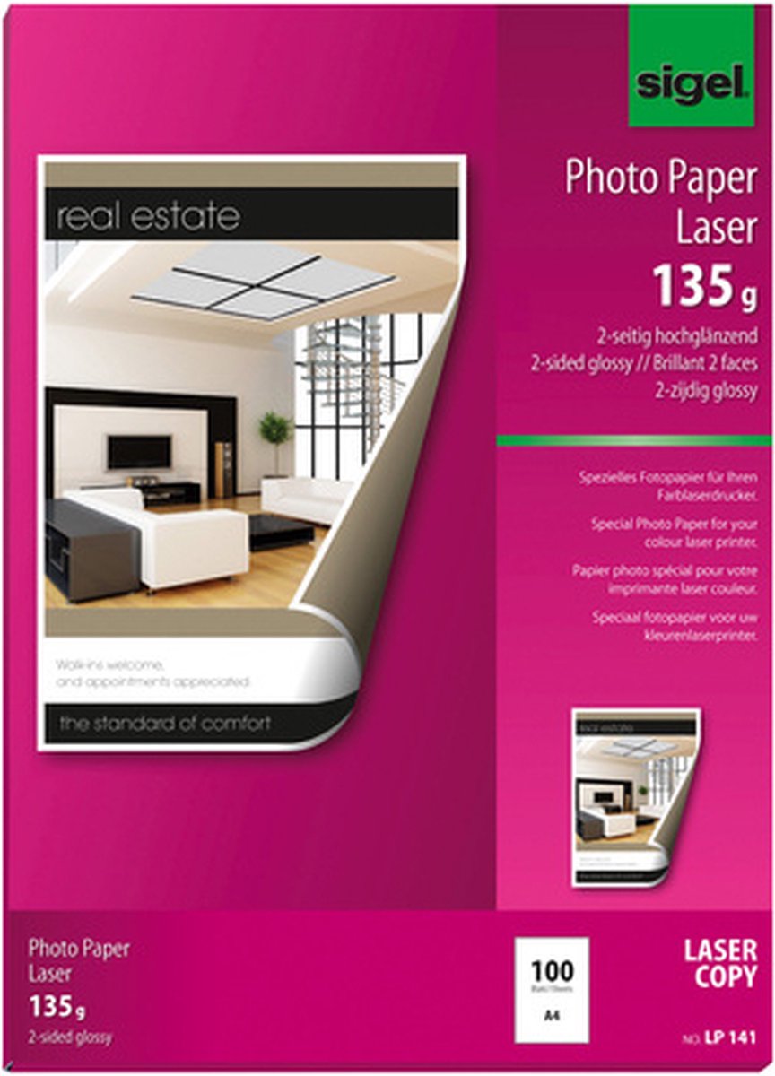 Papier photo Sigel - a4 - blanc brillant - 135 grammes - 100 feuilles - imprimante laser - si-lp141