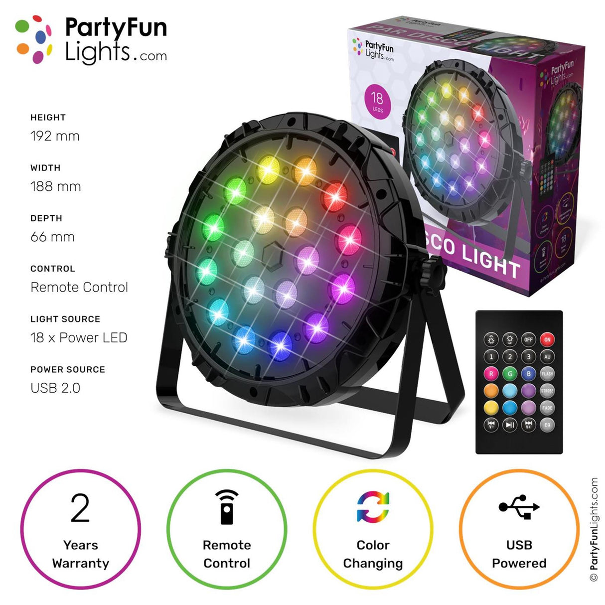 Lumières amusantes de fête, lumière disco, 18x LED de puissance multicolores