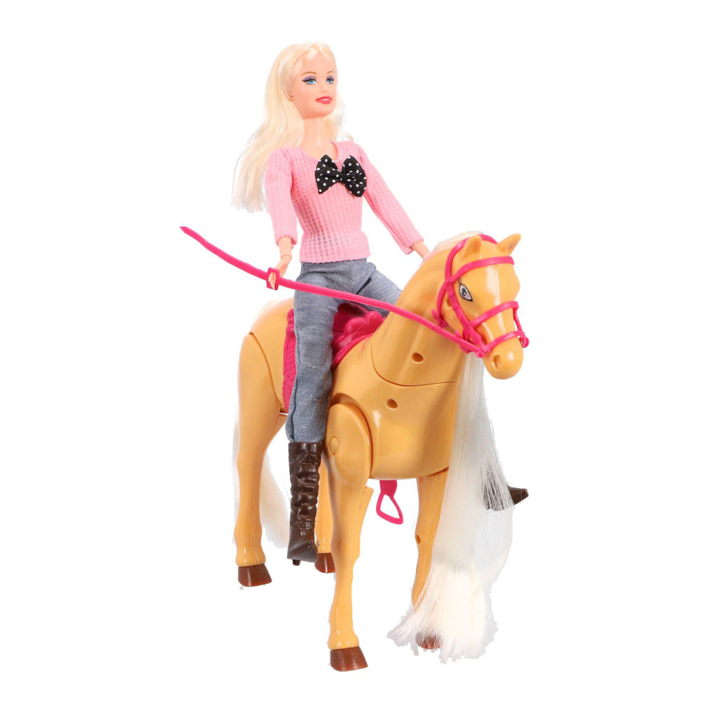 Poupée sans marque avec un véritable ensemble de jeu de cheval qui court
