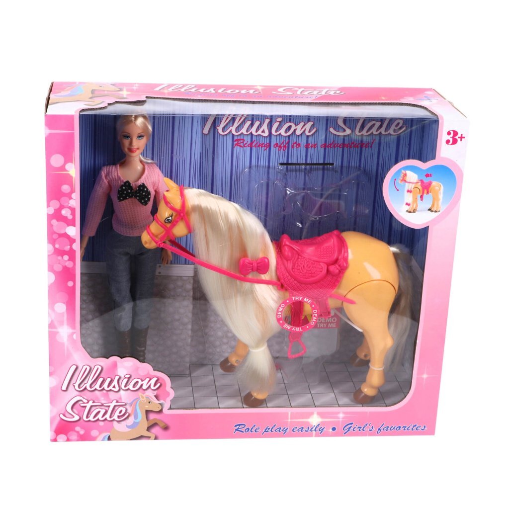 Poupée sans marque avec un véritable ensemble de jeu de cheval qui court
