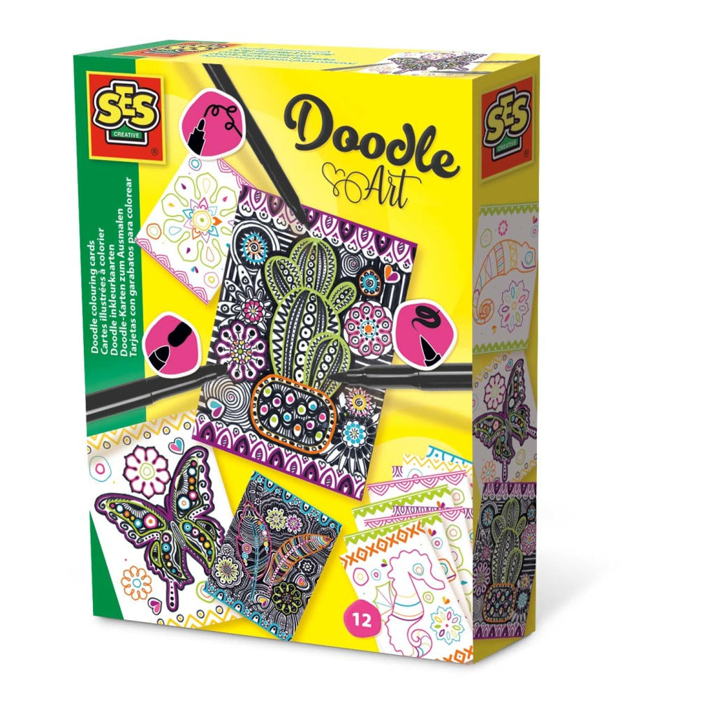 Ses cartes à colorier creative doodle art 12 pièces + 3 marqueurs noirs