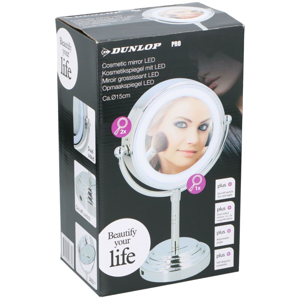 Dunlop Miroir de maquillage LED 15 cm chromé