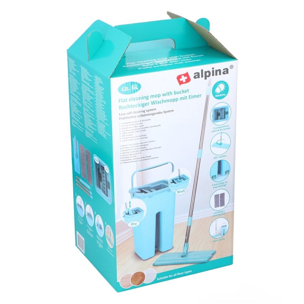 Balai plat Alpina avec seau bleu clair