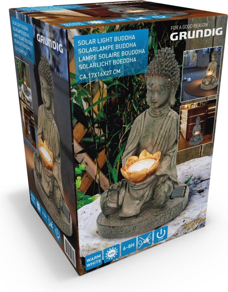 Grundig Grundig Statue de Bouddha avec lampe solaire LED bouton marche-arrêt durée de combustion 6-8 heures 17x16x27cm
