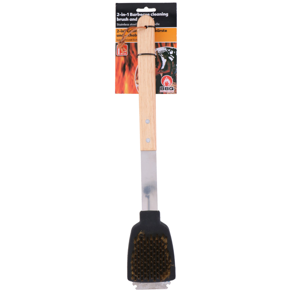 Brosse de collecte BBQ avec grattoir en acier inoxydable chêne