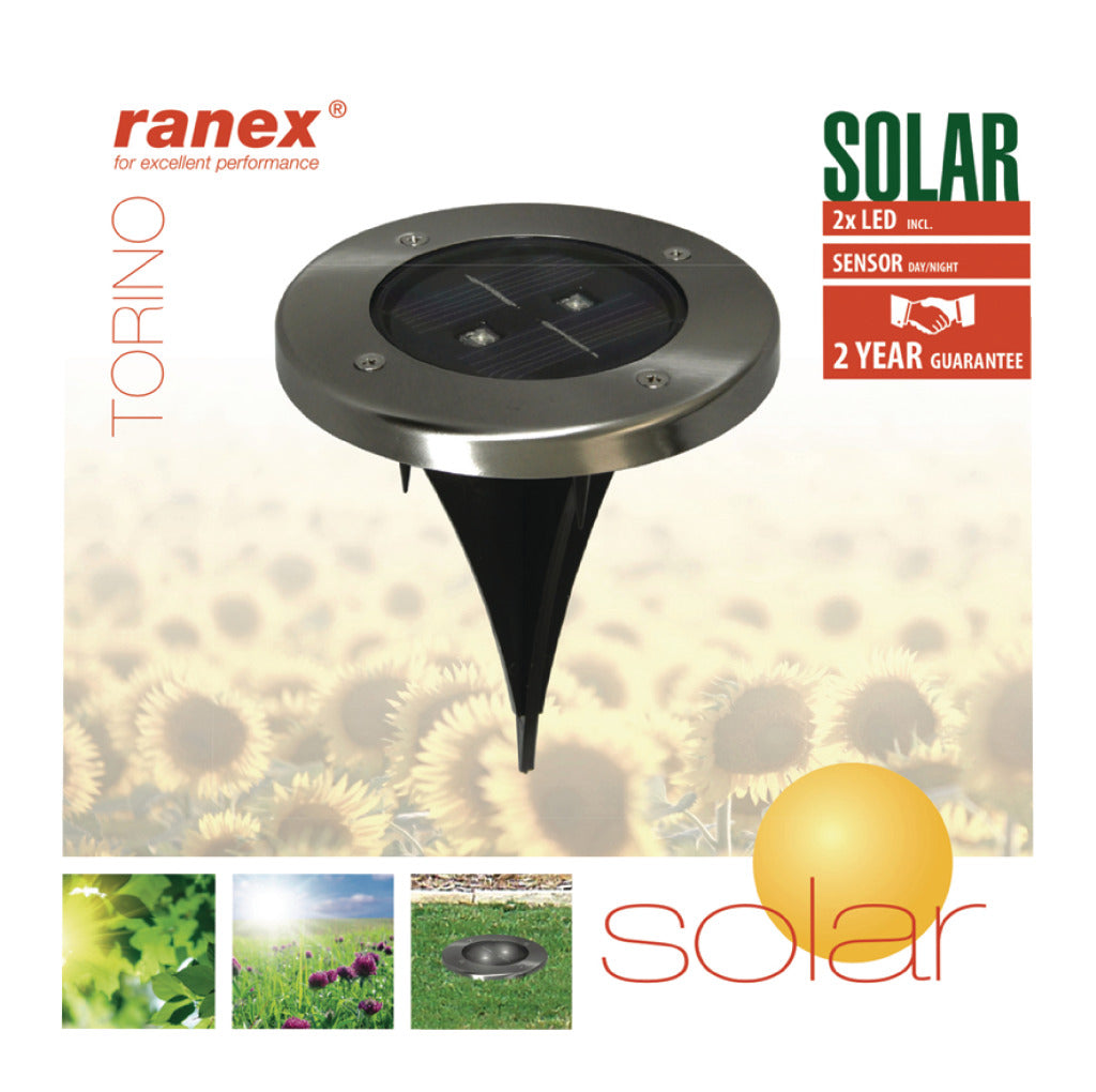 Ranex ra-5000389 spot de sol solaire rond LED verre inox brossé