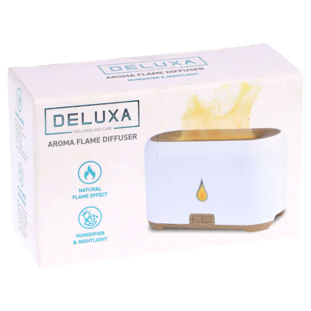 Humidificateur diffuseur Deluxa à flamme blanche aspect bois blanc