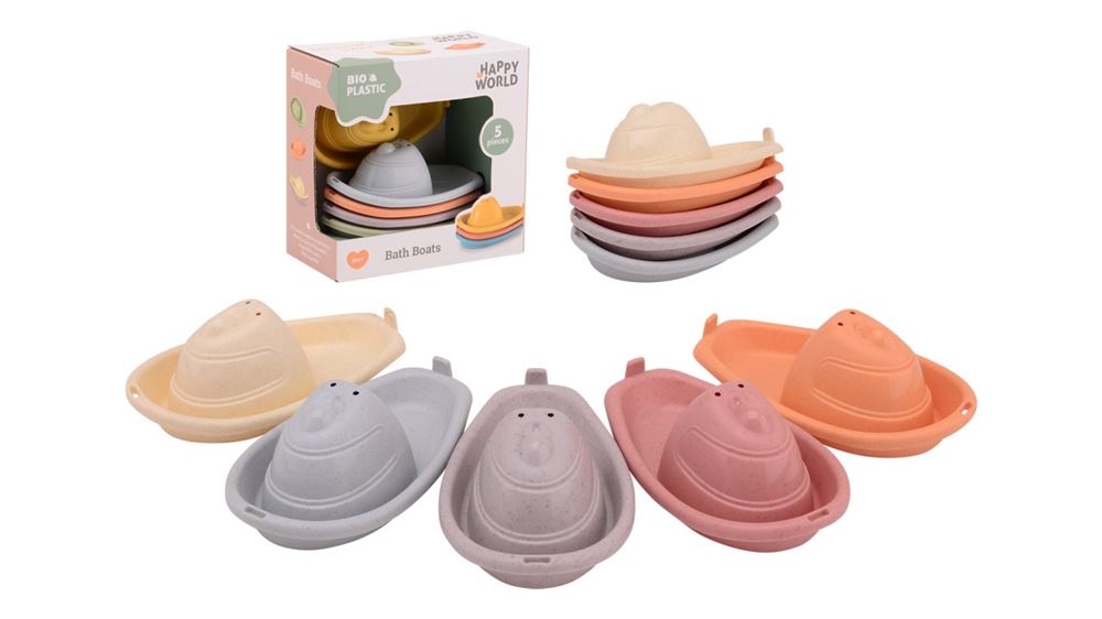 Bateaux de bain en bioplastique Johntoy Happy World 5 pièces jouets empilables.