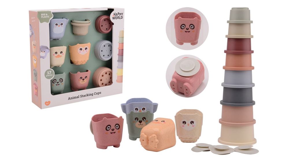 Seau empilable et tasses de bain bio Johntoy Happy World