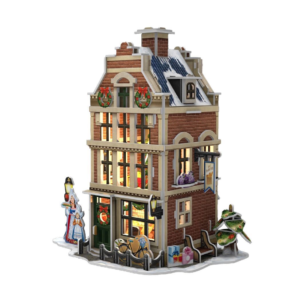Puzzle 3D amusant cubique maison hollandaise boulangerie d'hiver + lumière 65 pièces