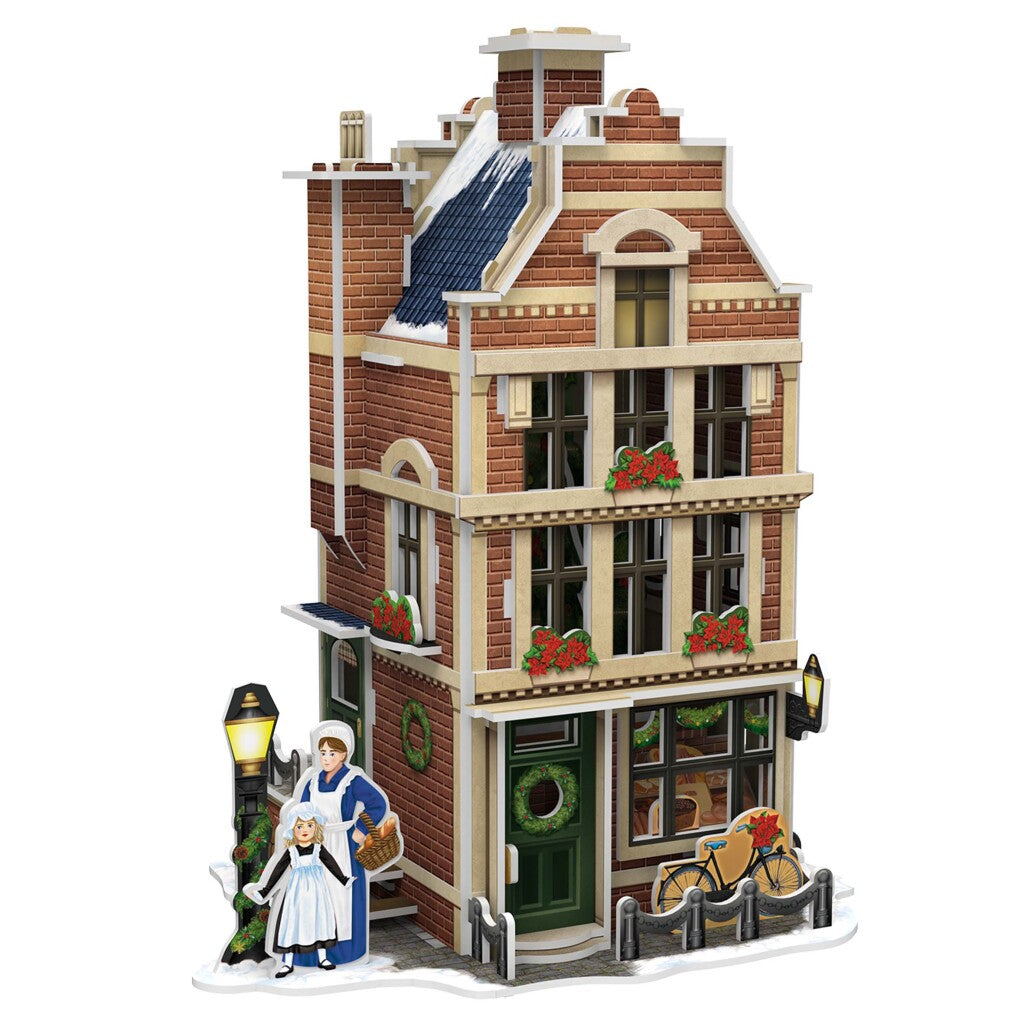 Puzzle 3D amusant cubique maison hollandaise boulangerie d'hiver + lumière 65 pièces
