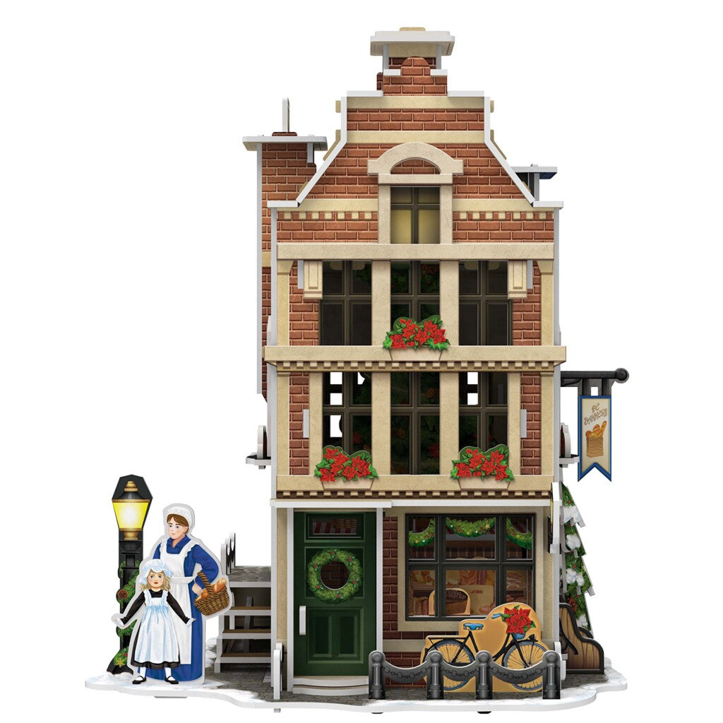 Puzzle 3D amusant cubique maison hollandaise boulangerie d'hiver + lumière 65 pièces