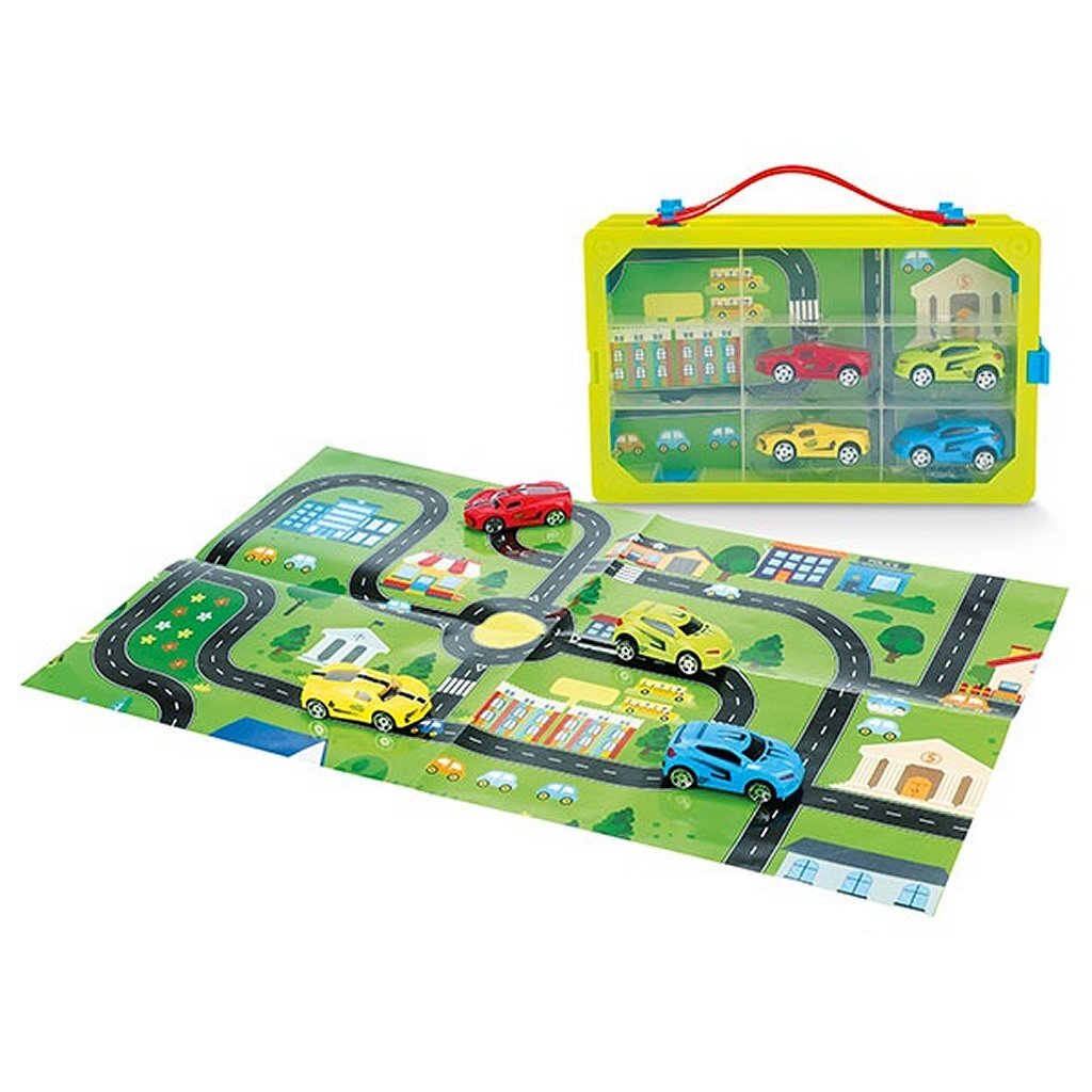 Mallette collector Turbo Racers avec voitures et tapis de jeu, 6 pièces.