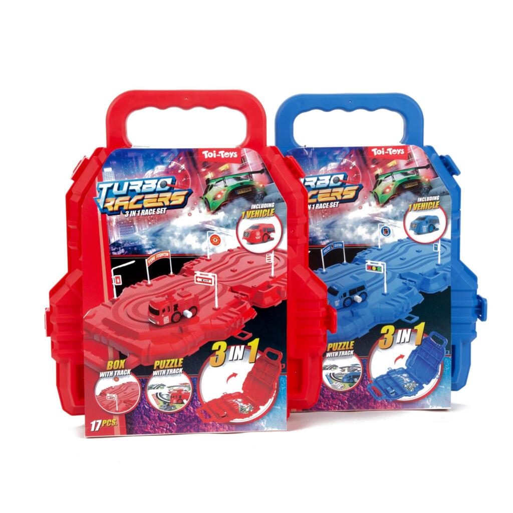 Toi-toys set de course dans une valise de différentes couleurs