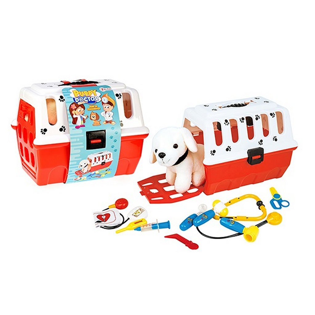 Toi-toys chiot dans panier de voyage + accessoires vétérinaire