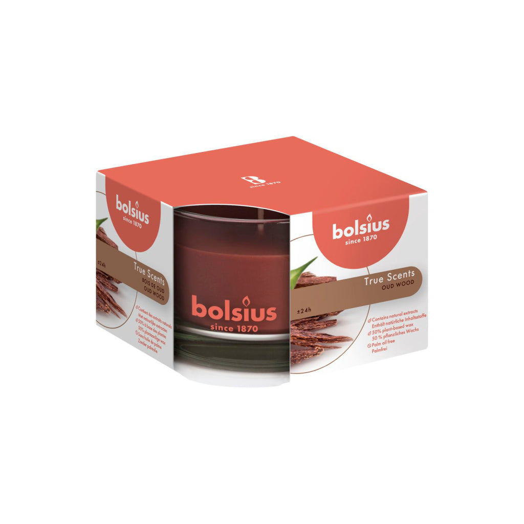 Bougie parfumée Bolsius en verre vieux bois 63x90 vraies senteurs
