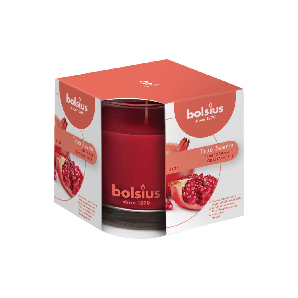 Bougie parfumée Bolsius en verre grenade 95x95 vraies senteurs