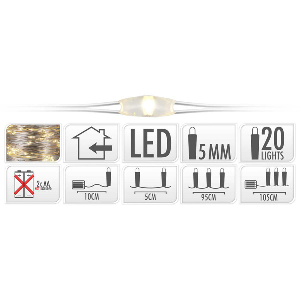 S.i.a. Lumières de Noël à piles en fil d'argent 95 cm 20 lumières LED