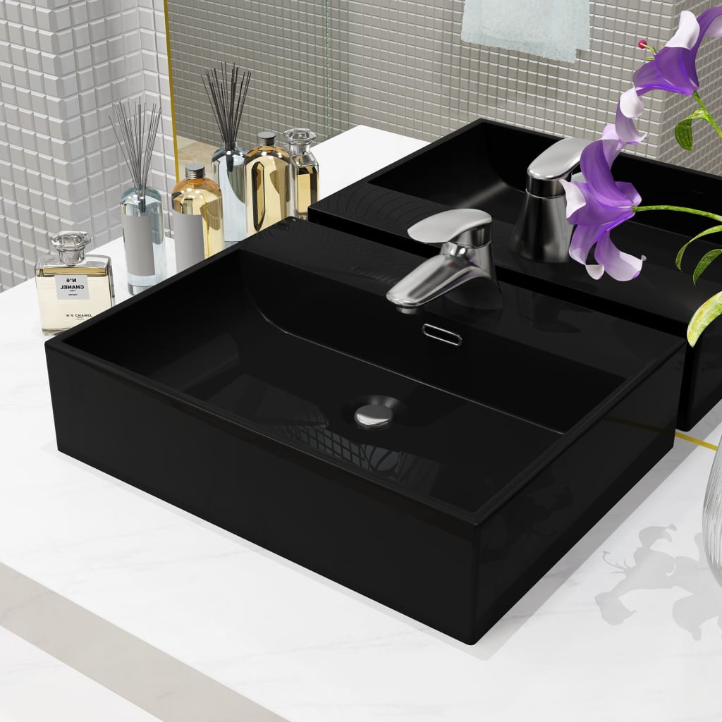Vidaxl Washingin avec trou du robinet 51.5x38.5x15 cm Black en céramique