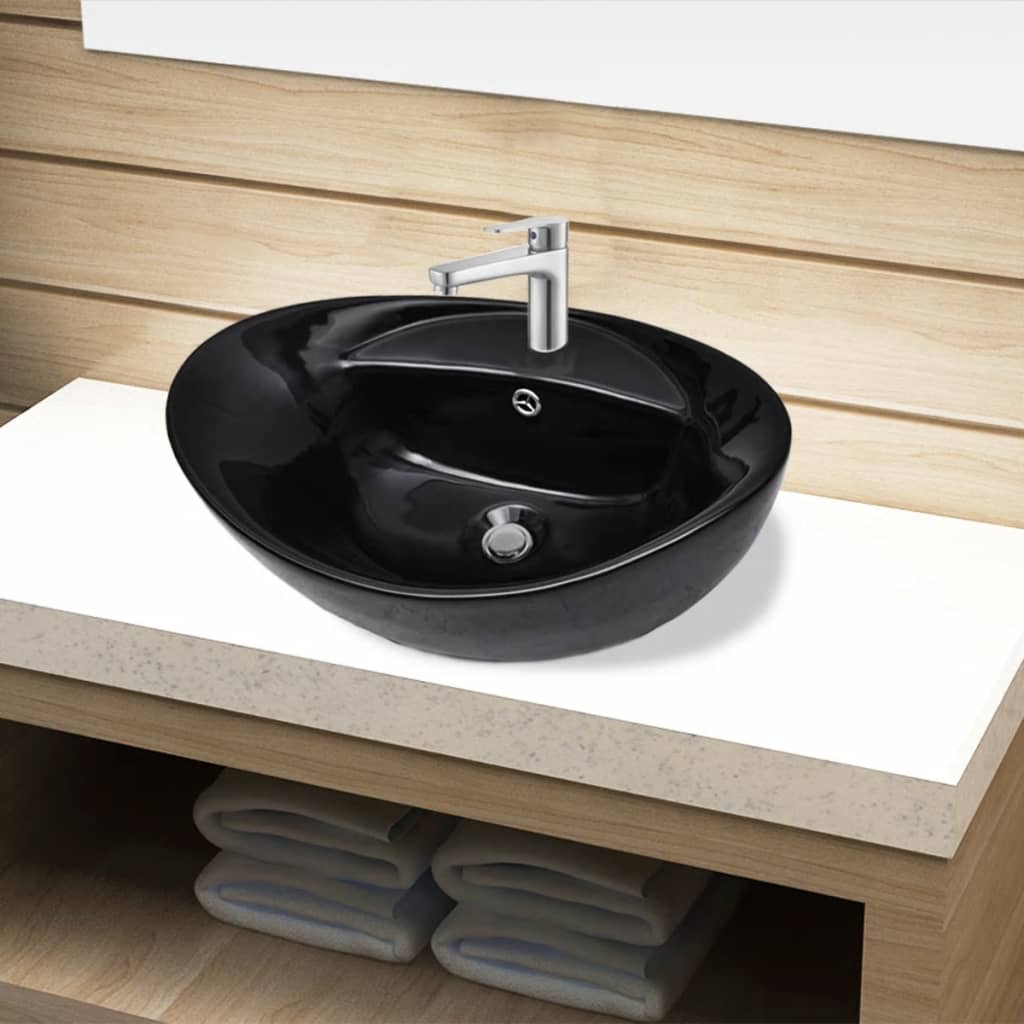 Vidaxl lavabo avec trop-plein, céramique, ovale, noir