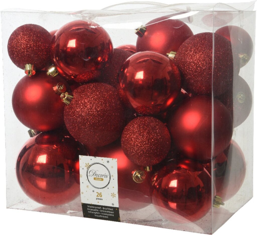 Decoris Decoris Boules de Noël Plastique 6-8-10 cm Rouge 26 Pièces
