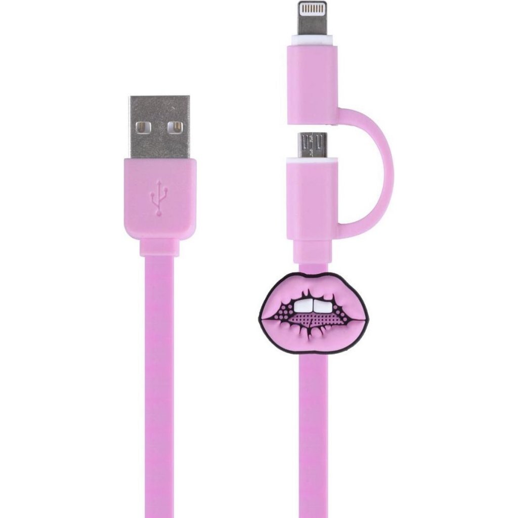 Kangaro k-58191006 dresz câble de chargement micro-USB 2 en 1 + broches lèvres rose