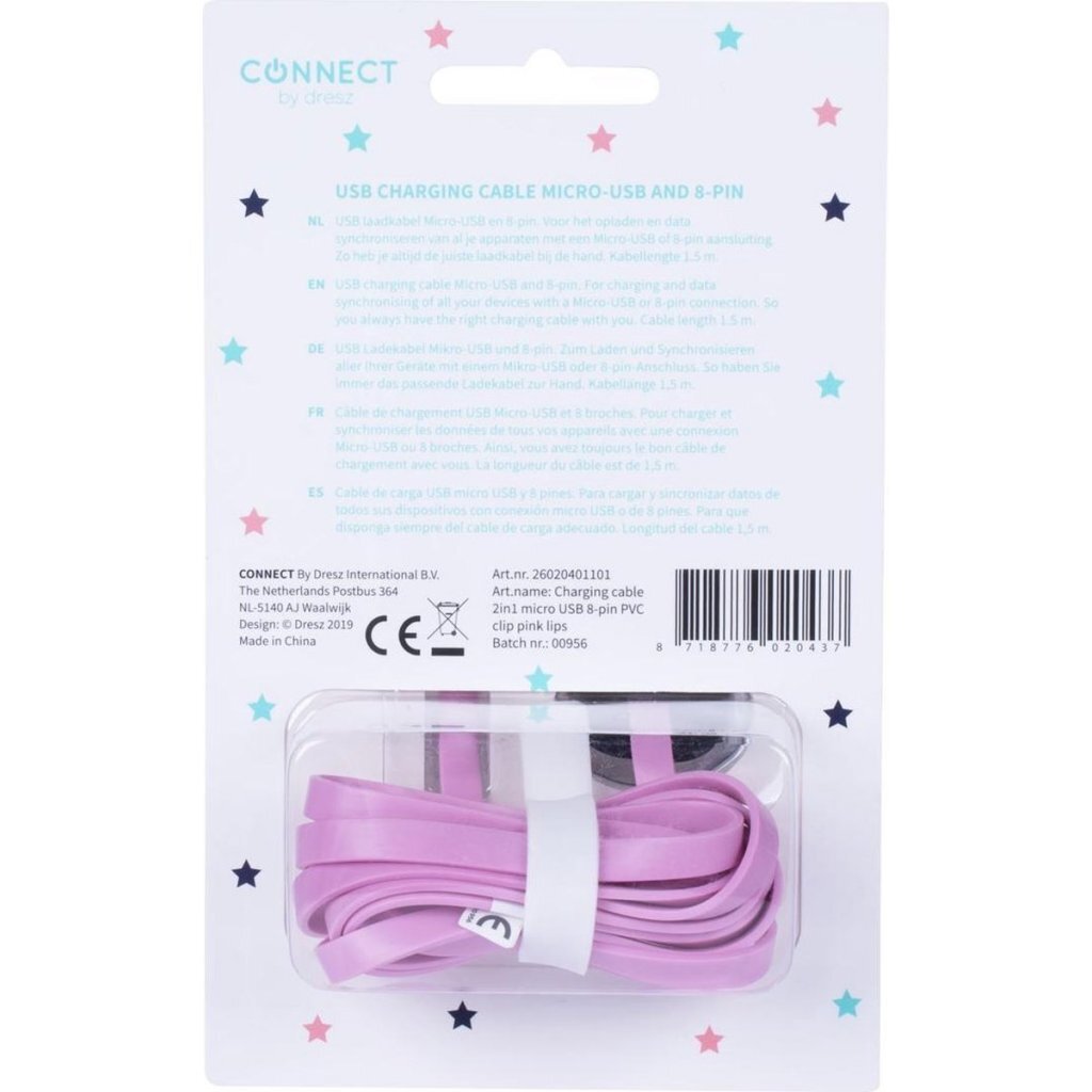 Kangaro k-58191006 dresz câble de chargement micro-USB 2 en 1 + broches lèvres rose