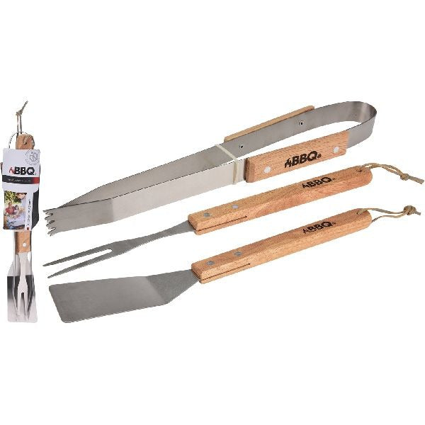 Outils pour barbecue en acier inoxydable et bois 36 cm 3 pièces