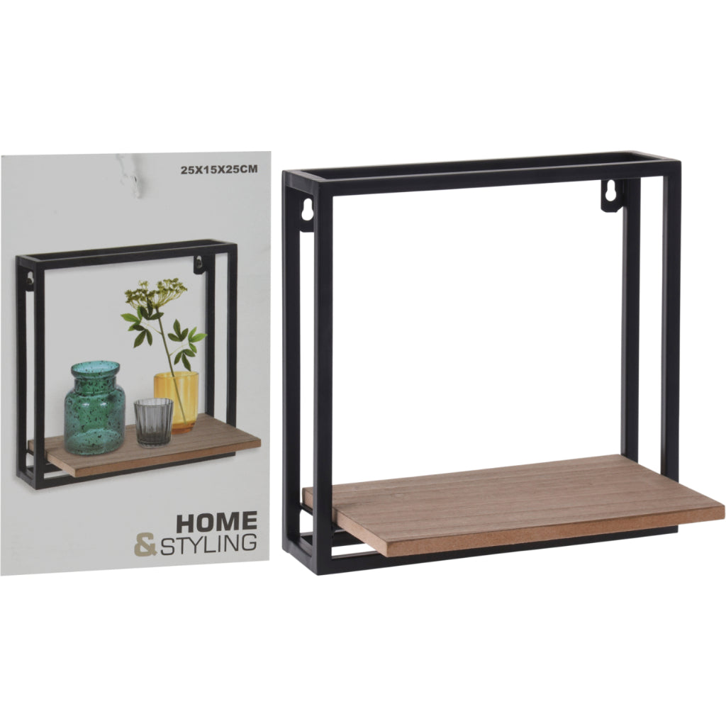 Basic Home Styling Étagère à suspendre en métal avec étagère en bois 25 x 15 x 25 cm Noir Marron