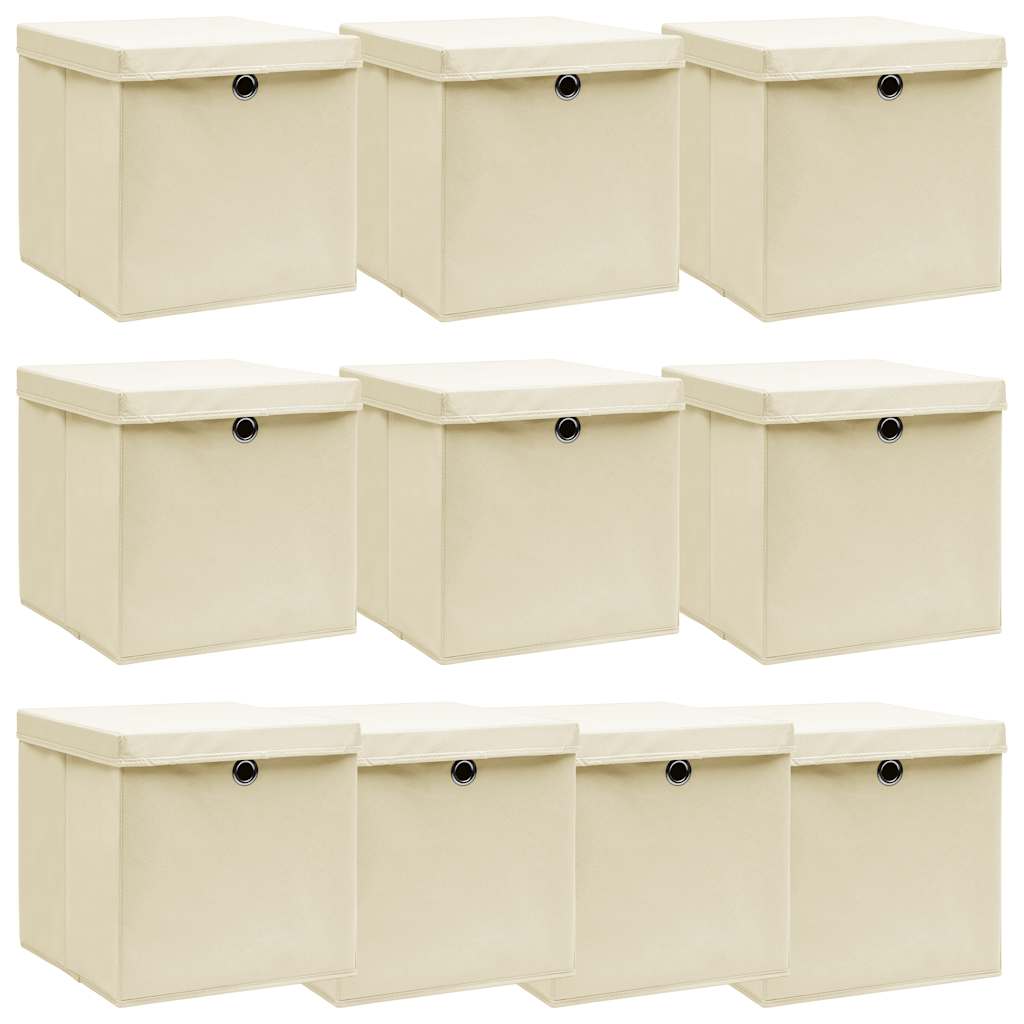 Boîtes de rangement Vidaxl avec couvercle 10 pcs 32x32x32 cm Crème de tissu -colore